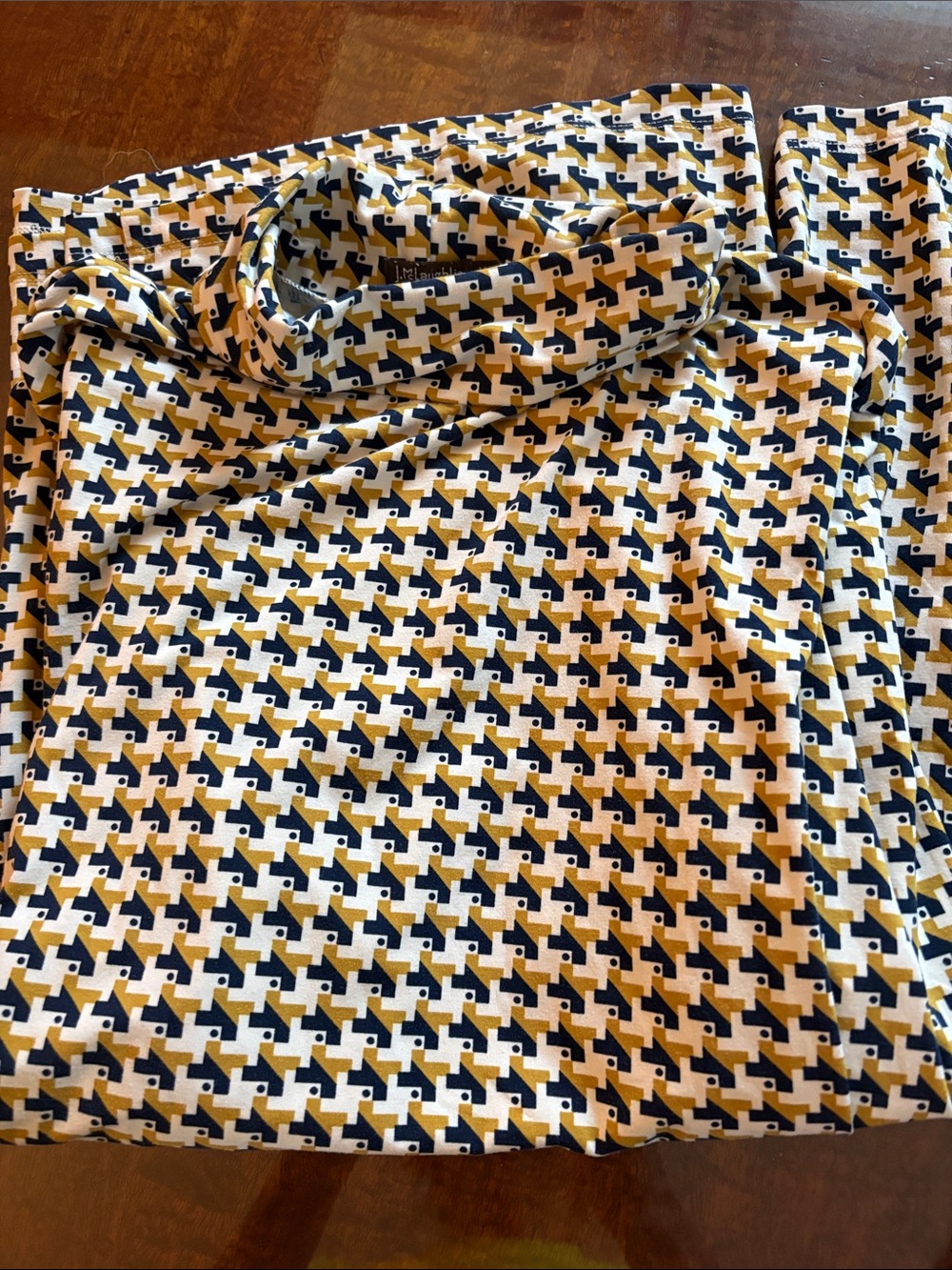 J McLaughlin Patterned Turtleneck Top in Navy and Mustard